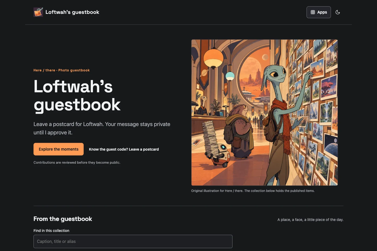 Here / there as it appears at guestbook.loftwah.com: the introduction, original collection illustration and the guest postcard entry.