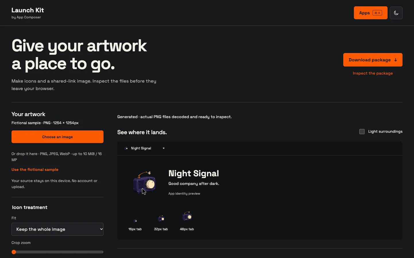 Actual deployed Launch Kit editor with local artwork controls and decoded icon, maskable and social previews.