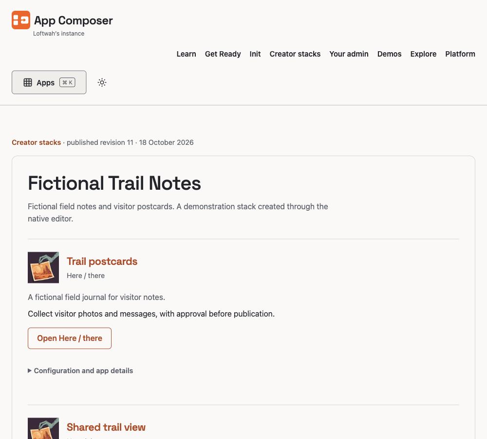 A live App Composer stack page for Fictional Trail Notes, showing the first Here / there instance, its Open action and the start of a shared second view.