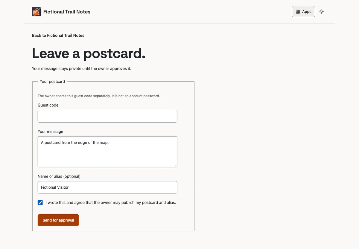Guestbook postcard form with a fictional message, alias and consent checked, and the guest code field left blank for the capture.