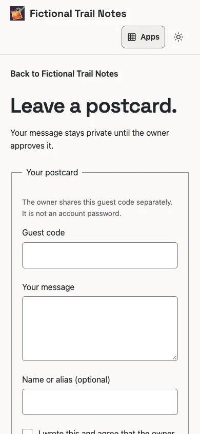 Phone contribution form with the guest code explanation, message, alias and consent fields.