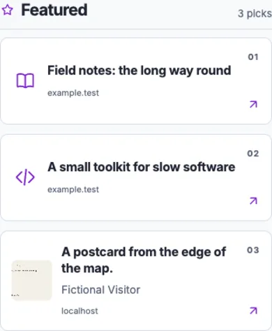 Phone featured section showing two authored links and the fictional approved postcard.