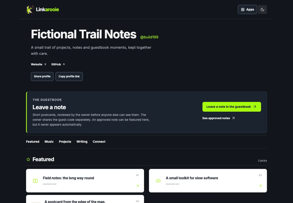 Dark theme Linkarooie profile with the guestbook panel and featured postcard.