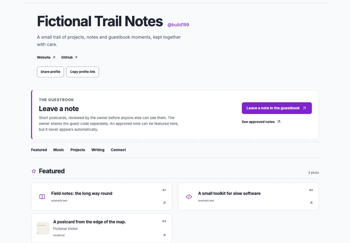 Fictional Linkarooie profile with the Leave a note guestbook panel, two featured authored links and a featured postcard from a fictional visitor.