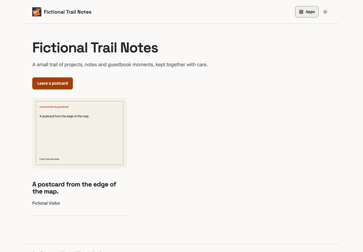 Public Guestbook page showing the approved fictional postcard and the Leave a postcard action.