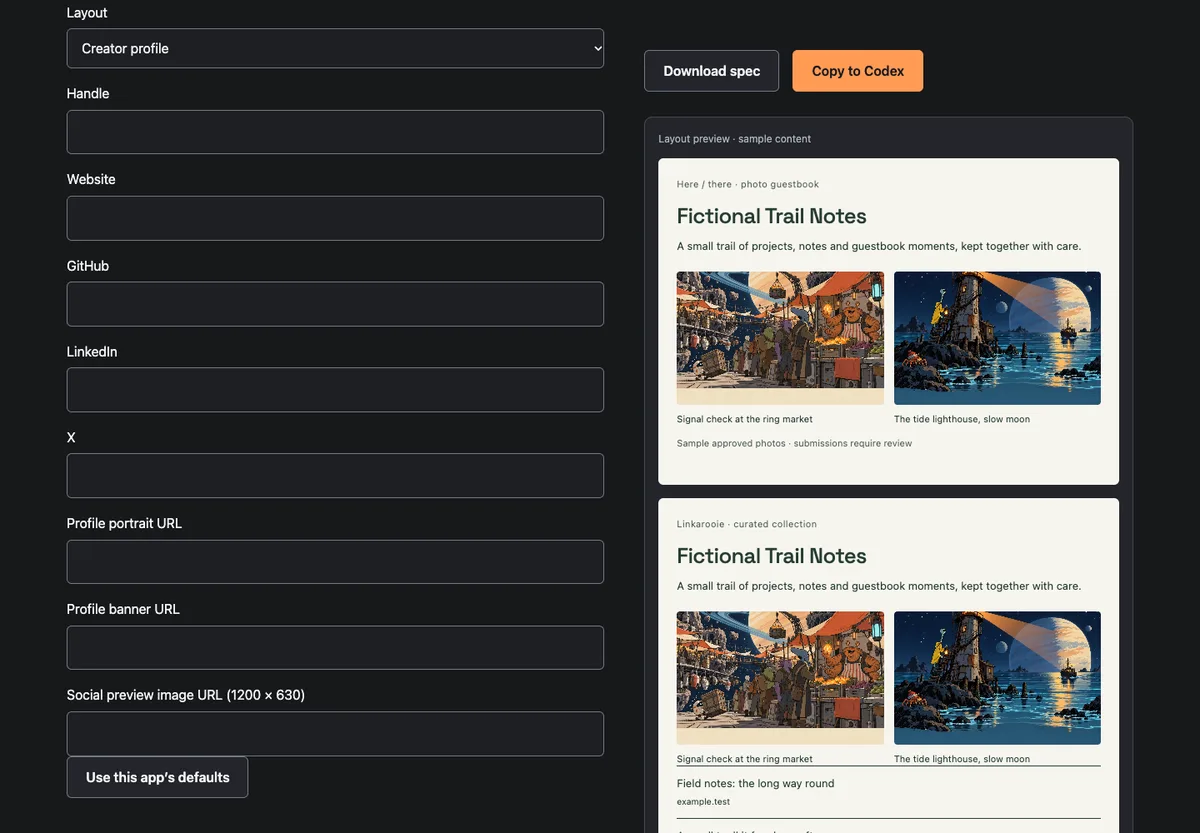 App Composer Init page configured for a fictional Guestbook and Linkarooie composition, with a portable specification preview.